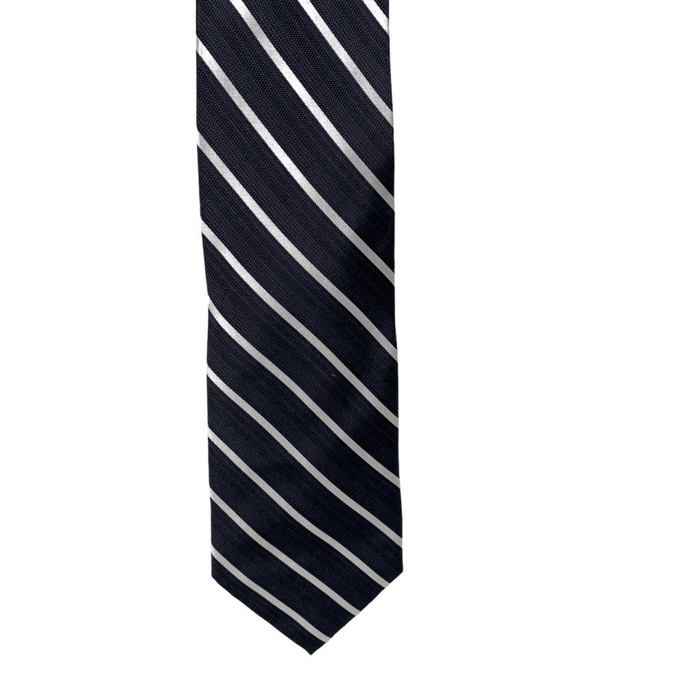 Beau Brummel Soho 100% Silk Handmade Dark Gray White Strips Men Necktie